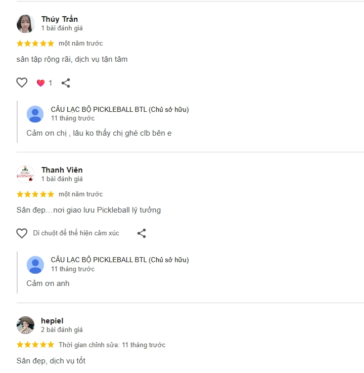 Đánh giá của người chơi tại sân Pickleball BTL
