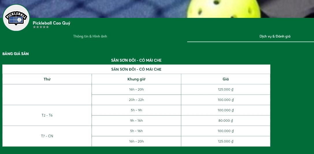 Bảng giá thuê sân pickleball cao quý hà tĩnh
