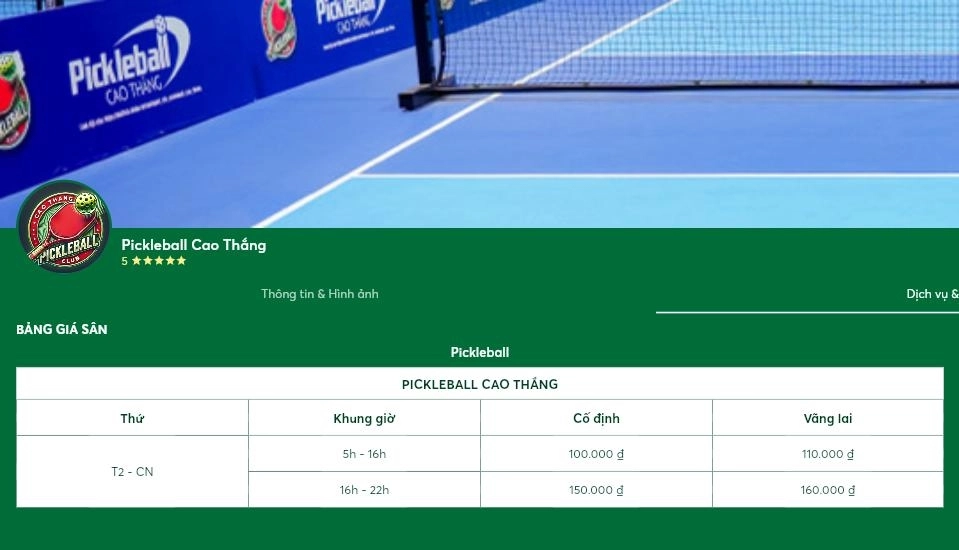 Cập nhật bảng giá thuê sân pickleball cao thắng