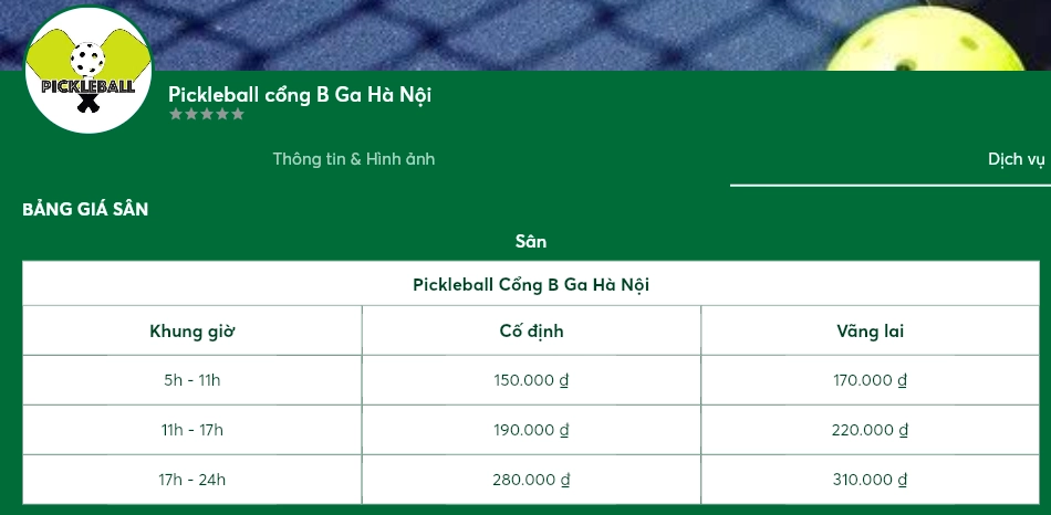 Giá thuê sân Pickleball Cổng B Ga Hà Nội