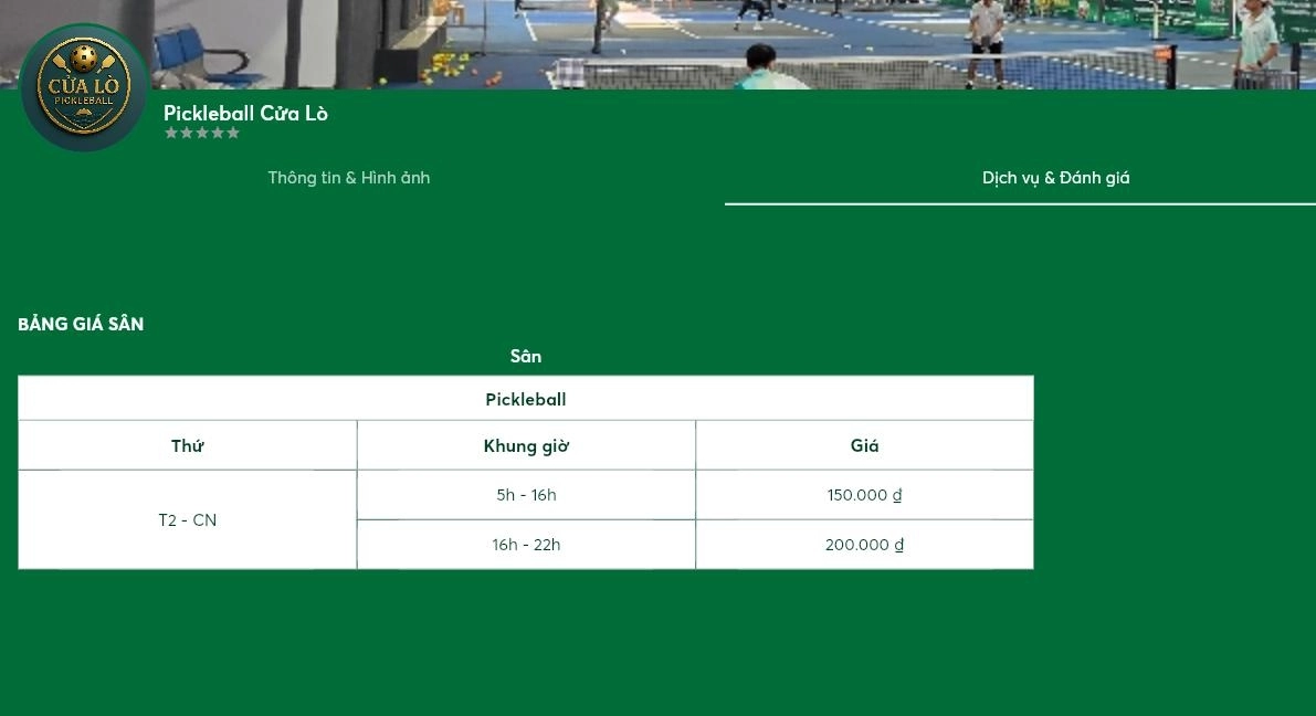 Bảng giá thuê sân picleball Cửa Lò