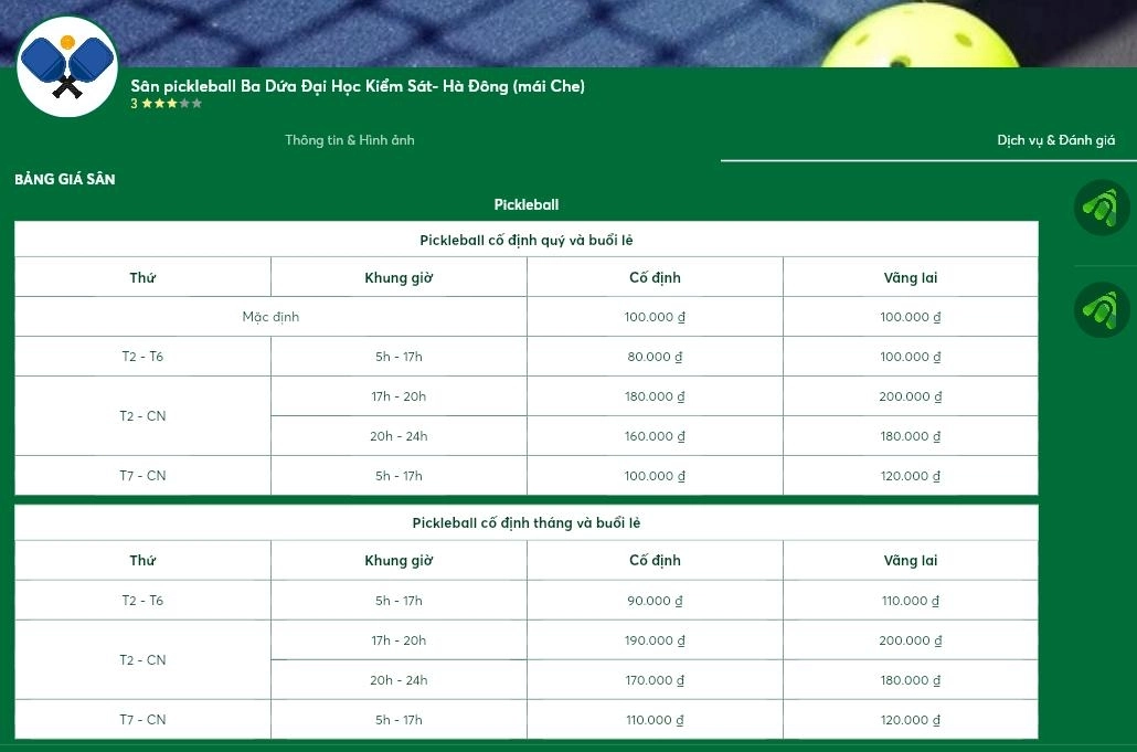 Bảng giá thuê sân pickleball đại học kiểm sát