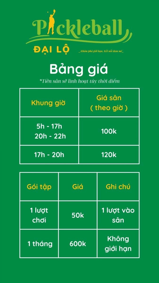 Giá thuê sân Pickleball Đại Lộ