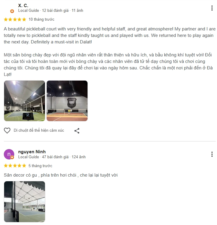Đánh giá của người chơi tại sân Pickleball Dalat Clubhouse