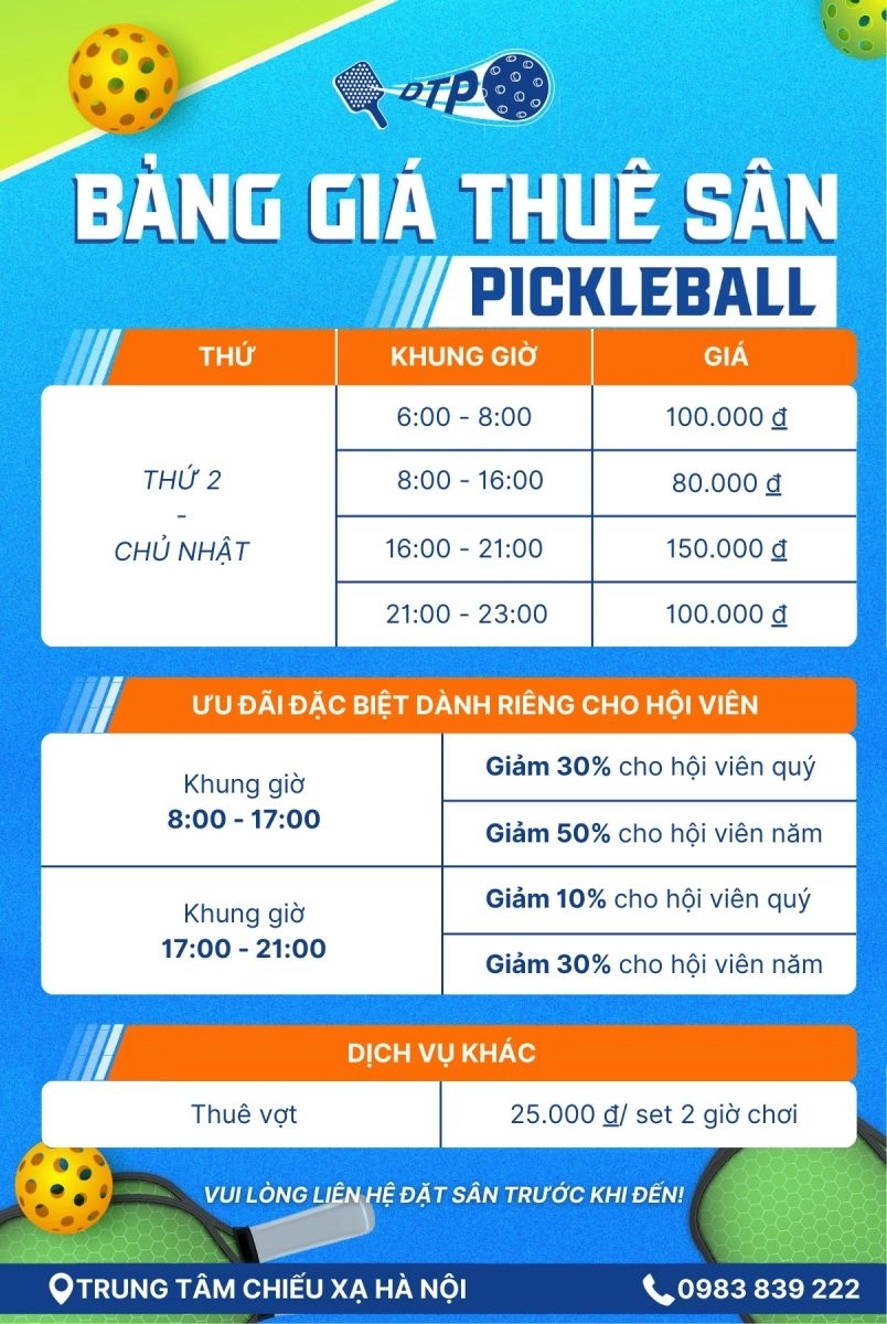 Giá thuê sân Pickleball DTP