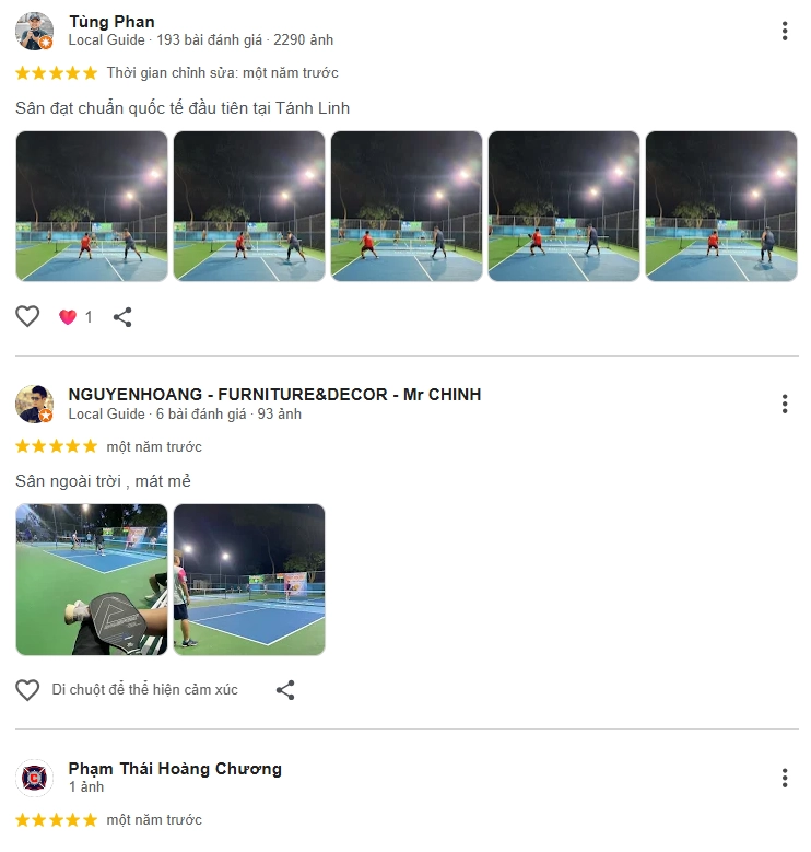 Đánh giá của người chơi tại sân Pickleball Duy Lân Tánh Linh