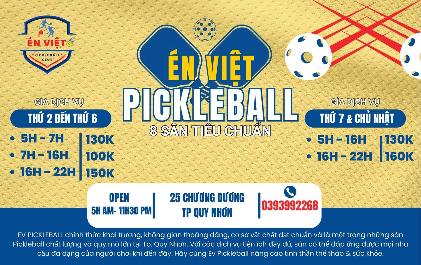 Giá thuê sân Pickleball Én Việt Quy Nhơn