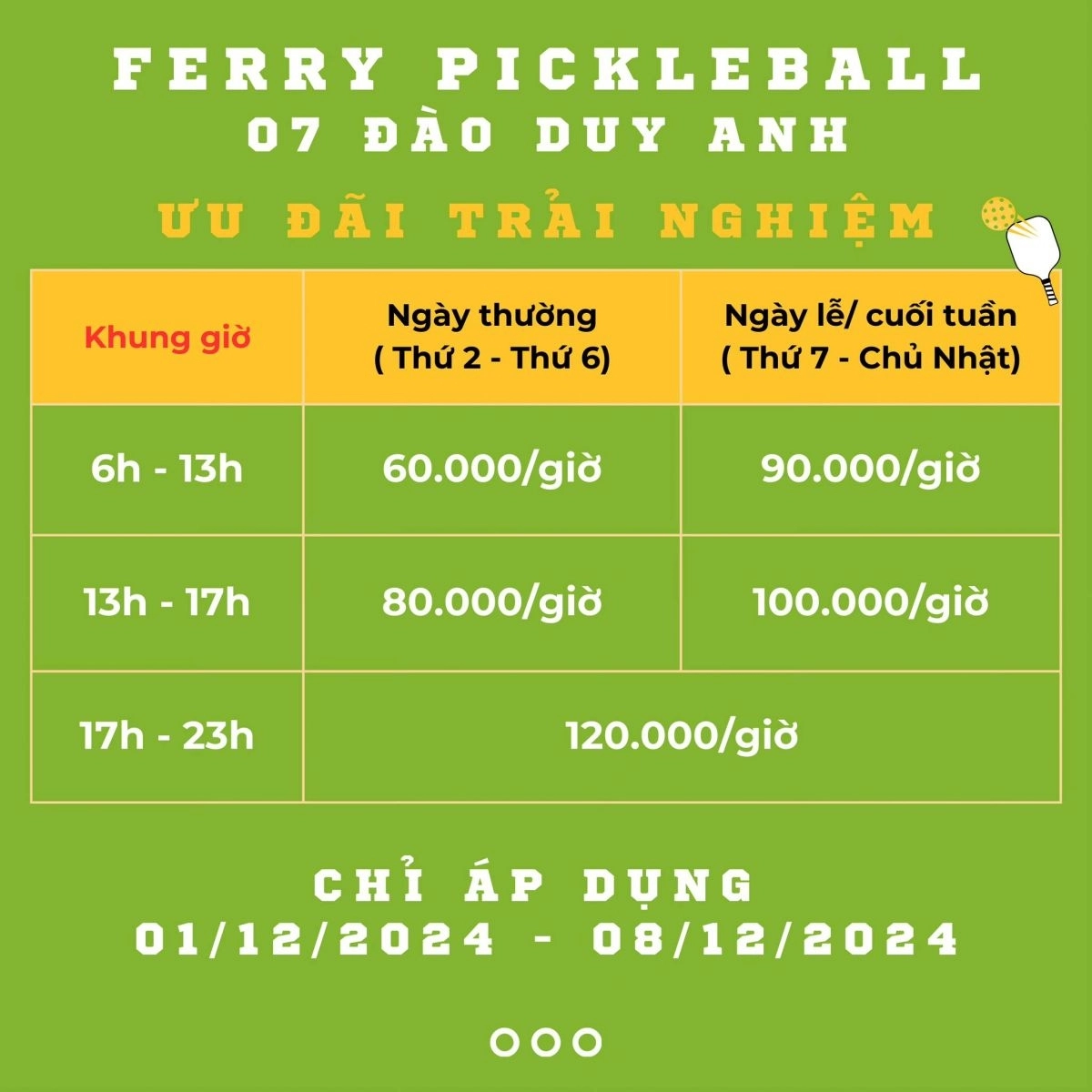 Giá thuê sân Pickleball Ferry