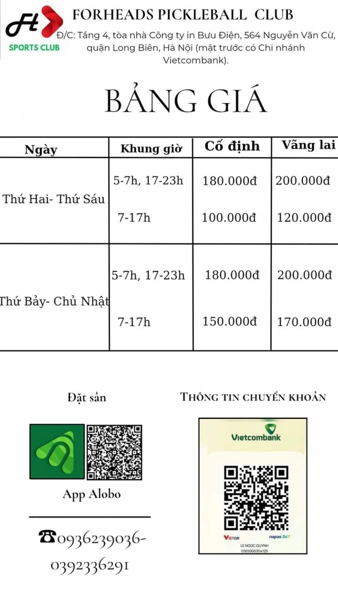 Giá thuê sân Pickleball Forheads