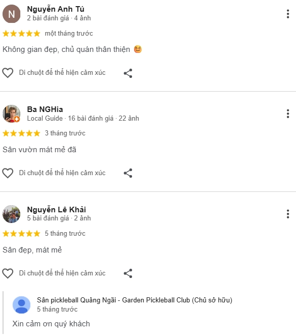 Đánh giá của người chơi tại sân Pickleball Garden