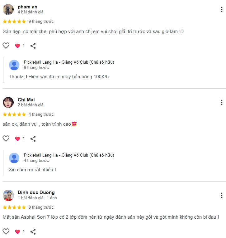  Đánh giá của người chơi tại sân Pickleball Giảng Võ