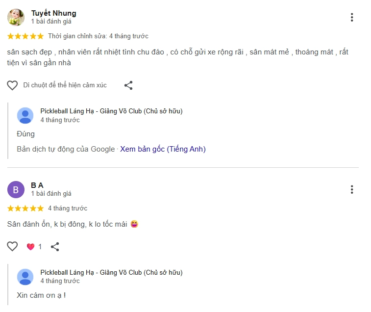  Đánh giá của người chơi tại sân Pickleball Giảng Võ