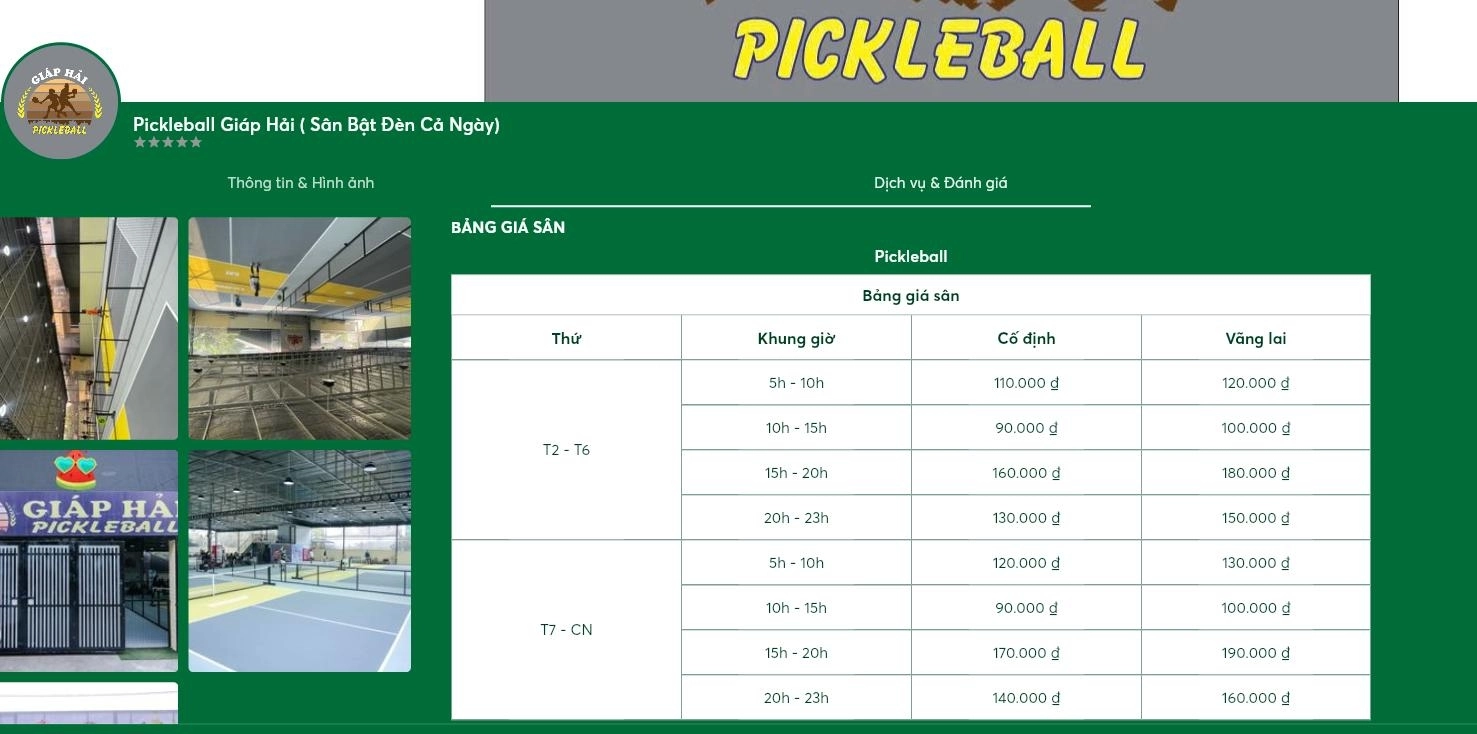 Bảng giá thuê sân pickleball Giáp Hải