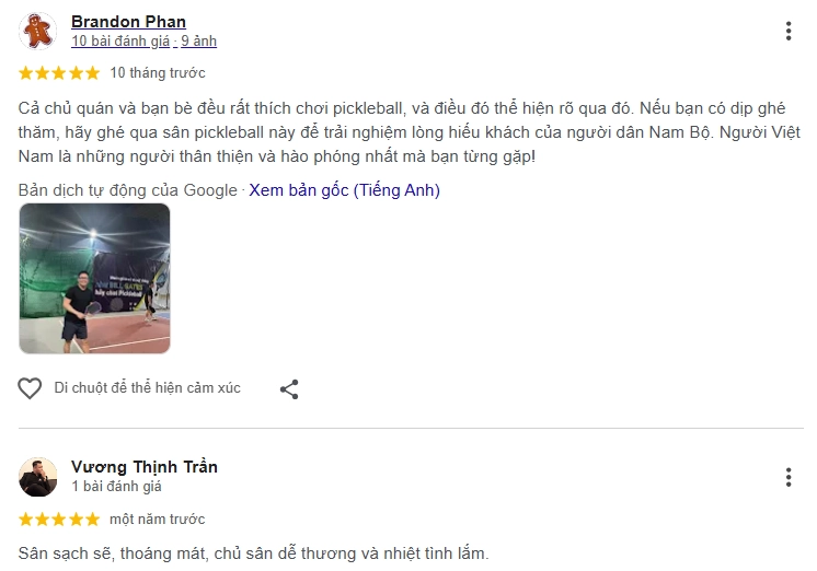 Đánh giá của người chơi tại sân Pickleball Gò Công Tây