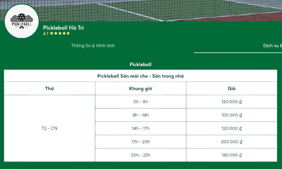 Cập nhật bảng giá thuê sân Pickleball Hà Trì Hà Đông