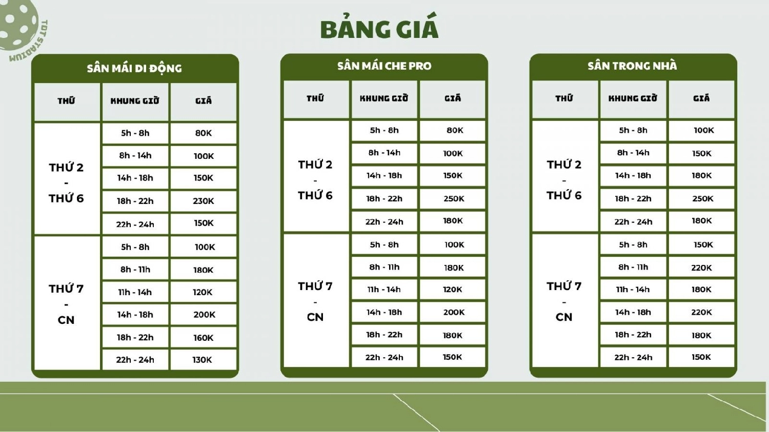 Giá thuê sân Pickleball HCCI Stadium
