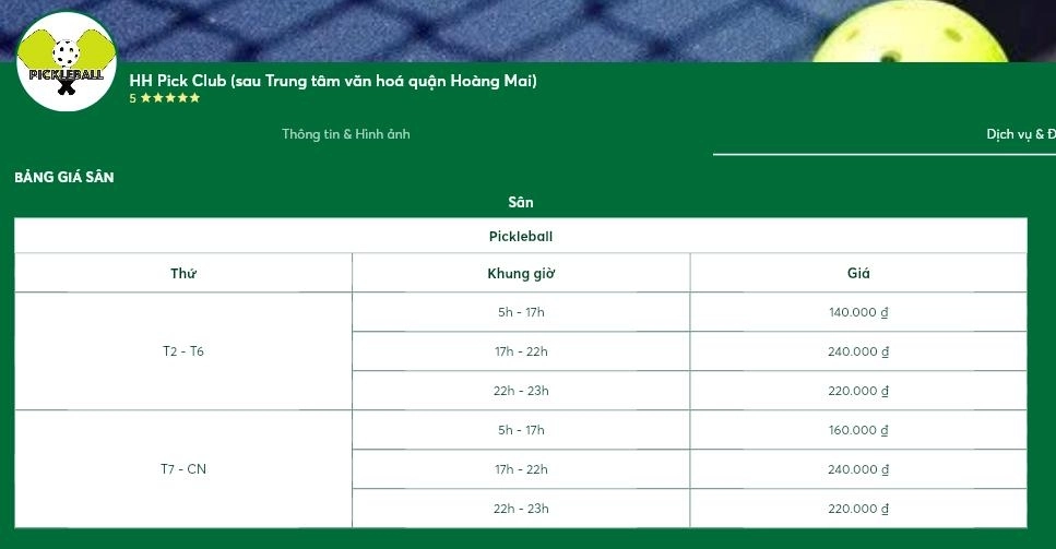 Bảng giá thuê sân pickleball hh linh đàm hà nội