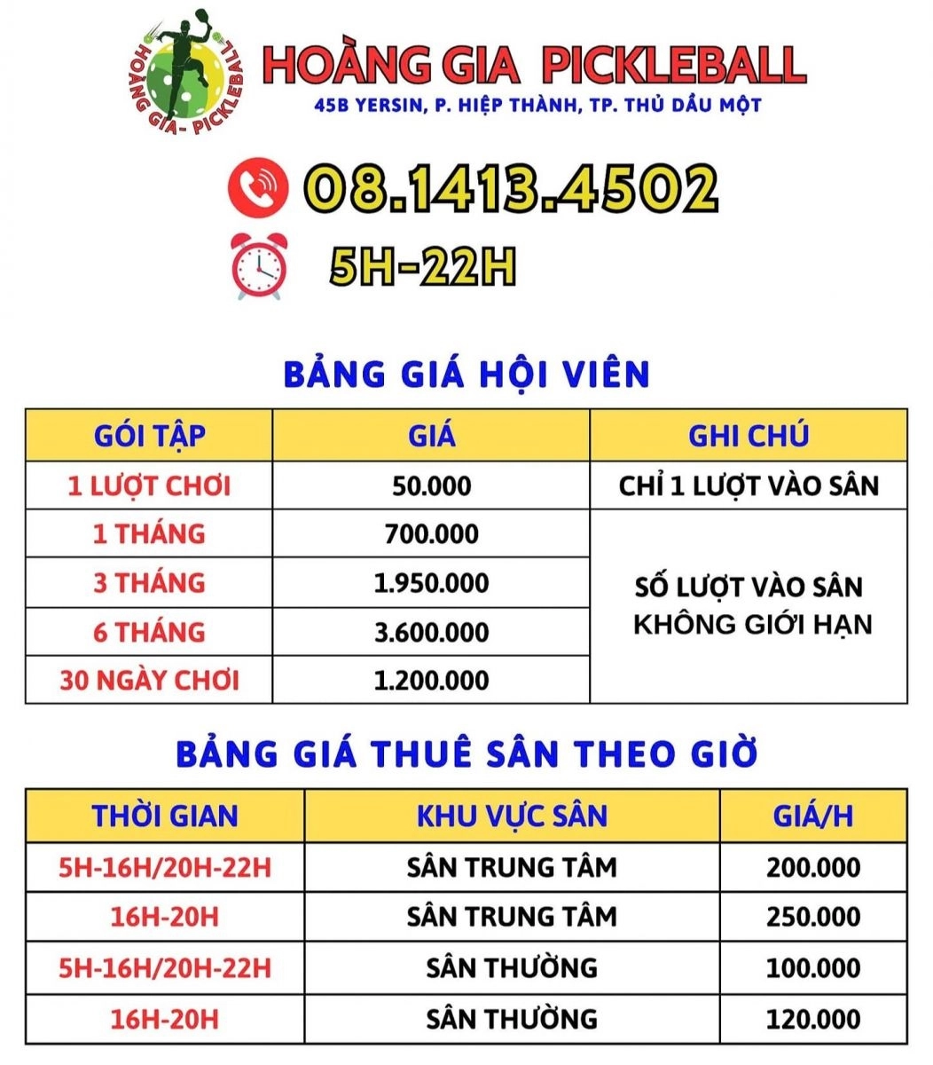 Giá thuê sân Pickleball Hoàng Gia