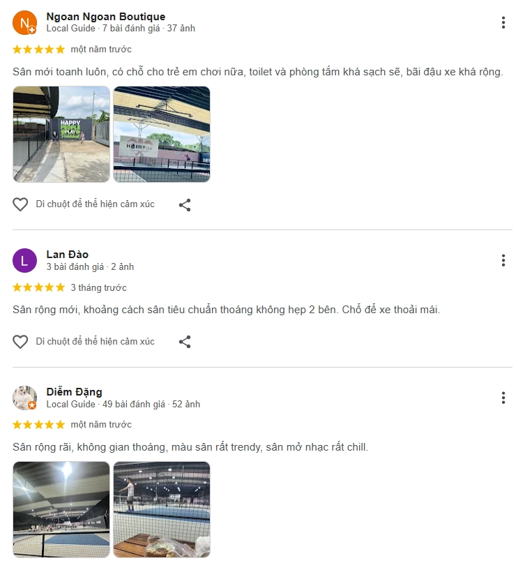 Đánh giá của người chơi tại sân Pickleball Hobby