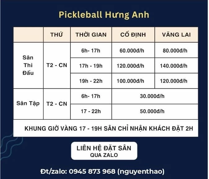 Giá thuê sân Pickleball Hưng Anh