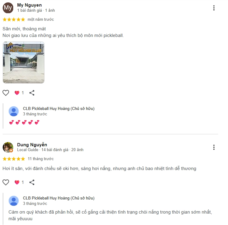 Đánh giá của người chơi tại sân Pickleball Huy Hoàng