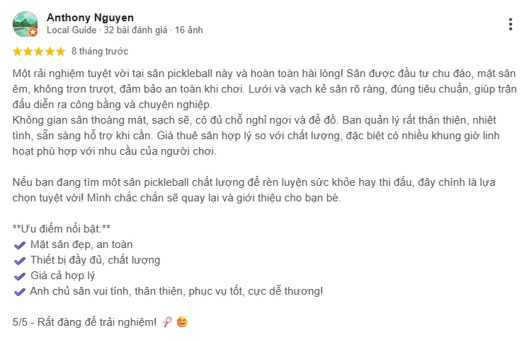 Đánh giá của người chơi tại sân Pickleball Huy Hoàng