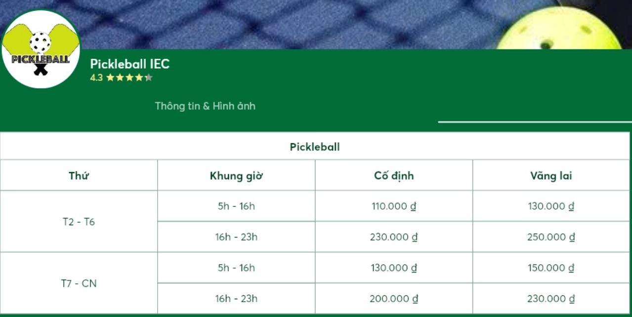 Cập nhật bảng giá thuê sân pickleball IEC theo từng khung giờ