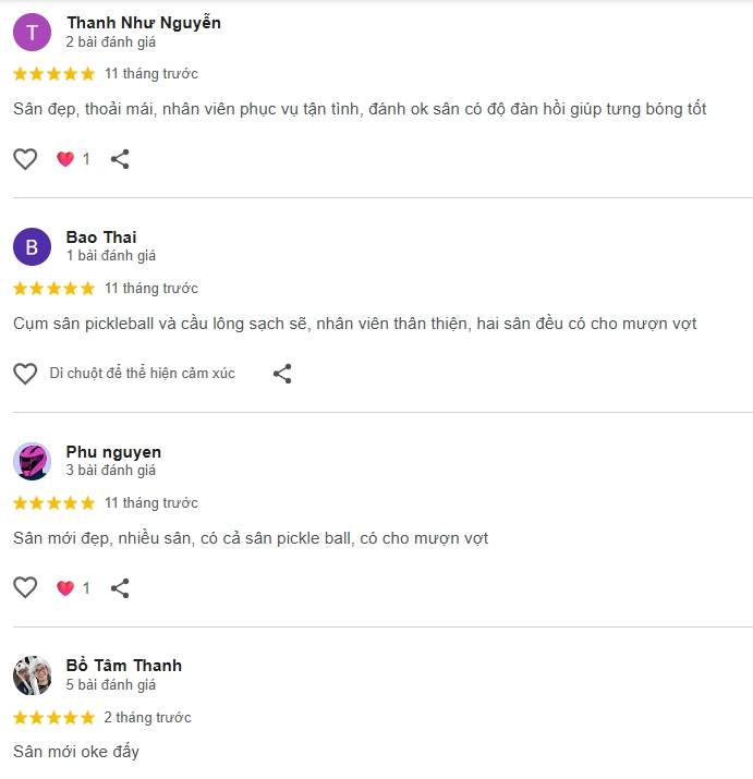 Đánh giá của người chơi tại sân Pickleball JJ Sports