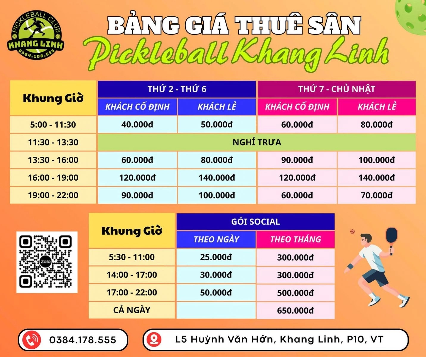 Bảng giá thuê sân tại sân pickleball khang linh vũng tàu