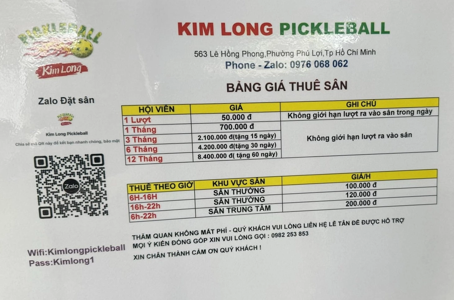Giá thuê sân Pickleball Kim Long