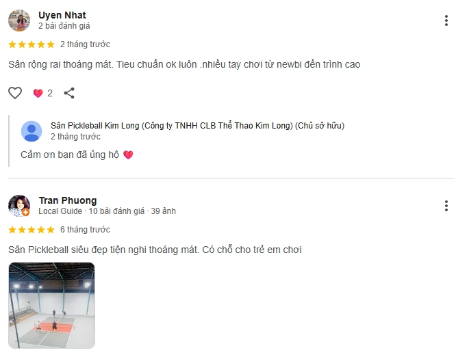 Đánh giá của người chơi tại sân Pickleball Kim Long