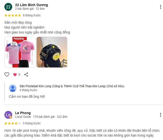 Đánh giá của người chơi tại sân Pickleball Kim Long