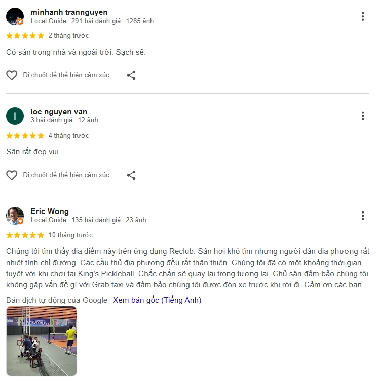 Đánh giá của người chơi tại sân Pickleball Kings