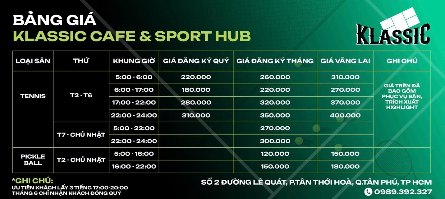 Bảng giá sân pickleball Klassic