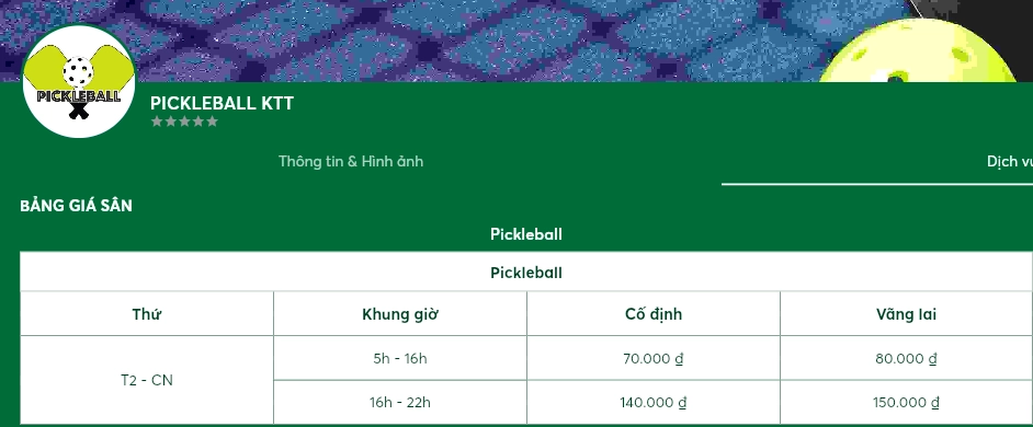 Giá thuê sân Pickleball KTT