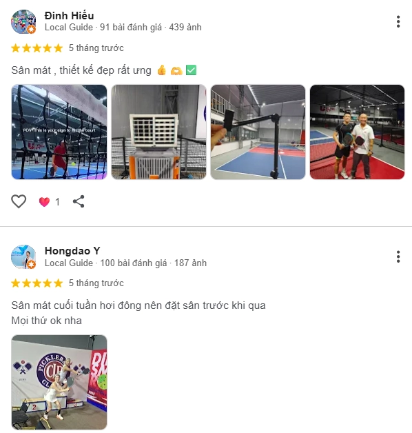 Đánh giá của người chơi tại sân Pickleball Level Up