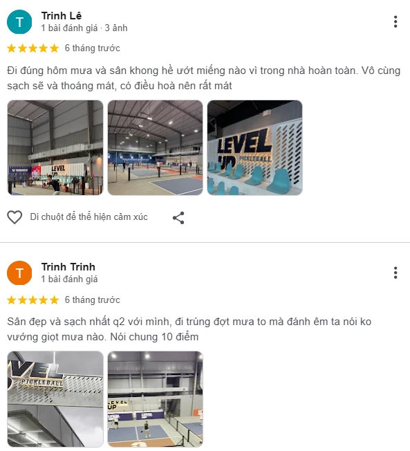 Đánh giá của người chơi tại sân Pickleball Level Up