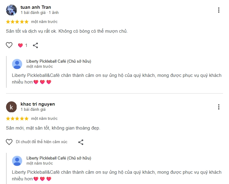 Đánh giá của người chơi tại sân Pickleball Liberty