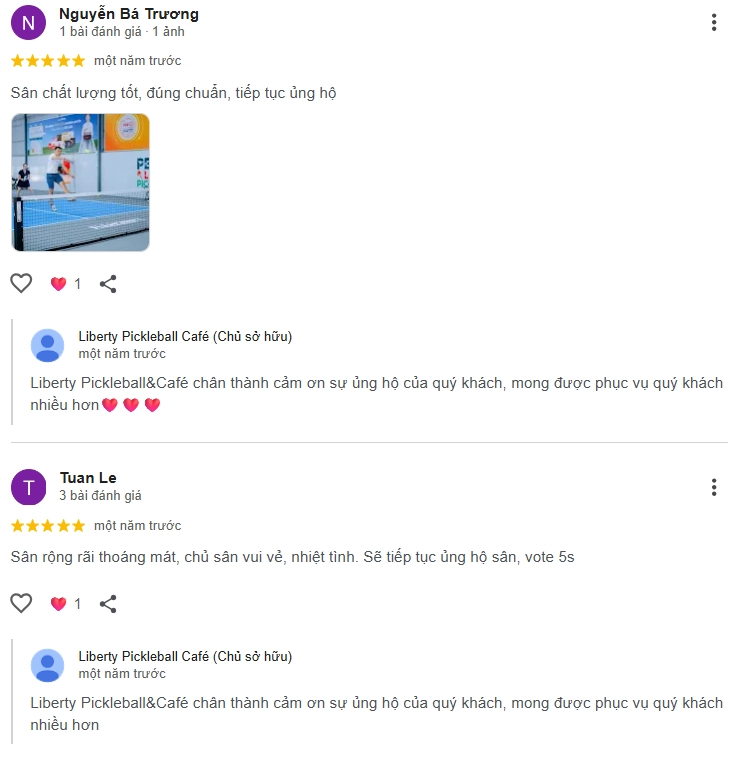 Đánh giá của người chơi tại sân Pickleball Liberty