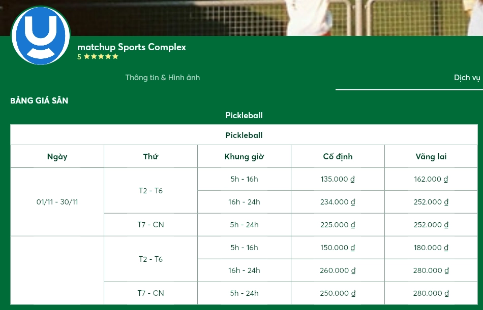 Giá thuê sân Pickleball Matchup
