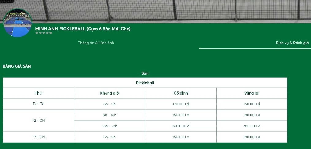 Cập nhật bảng giá thuê sân pickleball minh anh