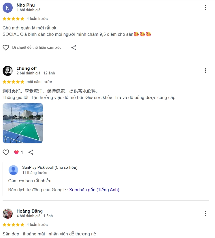 Đánh giá của người chơi tại sân Pickleball Minh Khang An Phú 