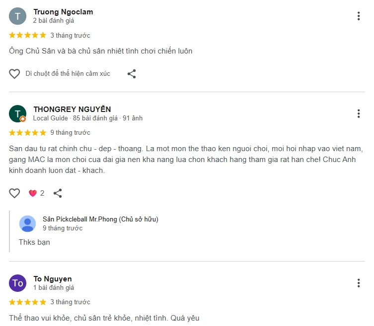Đánh giá của người chơi tại sân Pickleball Mr.Phong