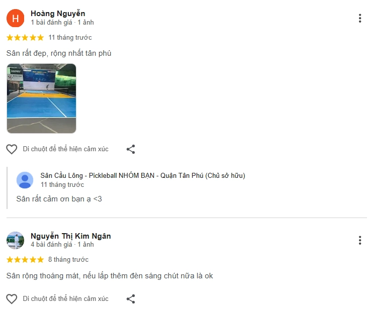 Đánh giá của người chơi tại sân Pickleball Nhóm Bạn