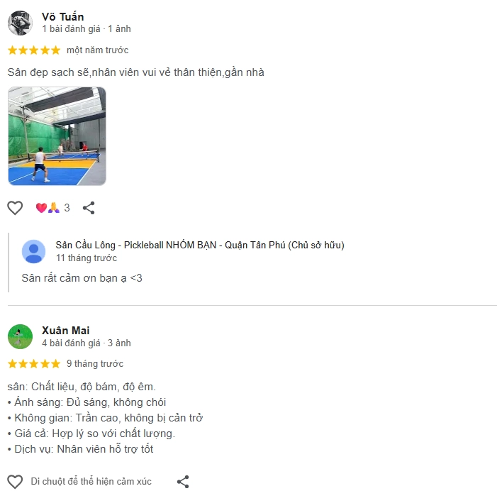 Đánh giá của người chơi tại sân Pickleball Nhóm Bạn