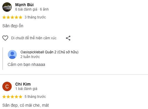 Đánh giá của người chơi tại sân Oasis Pickleball Hồ Chí Minh 1