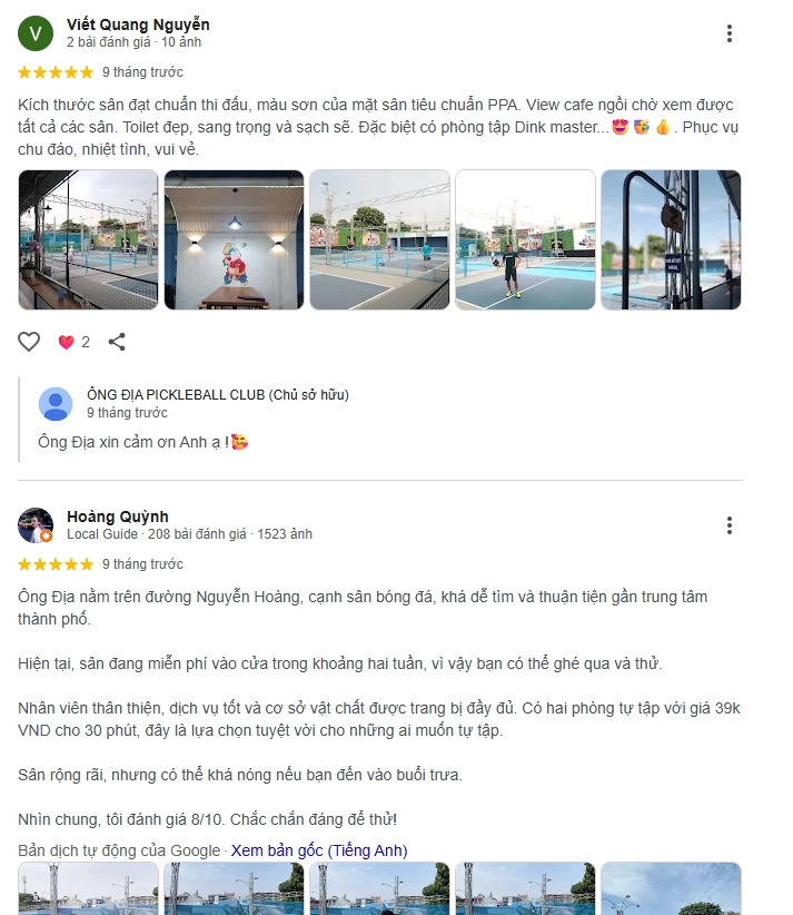 Đánh giá của người chơi tại sân Pickleball Ông Địa 2