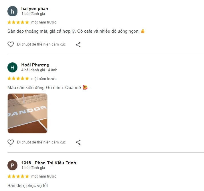  Đánh giá của người chơi tại sân Pickleball Pandora