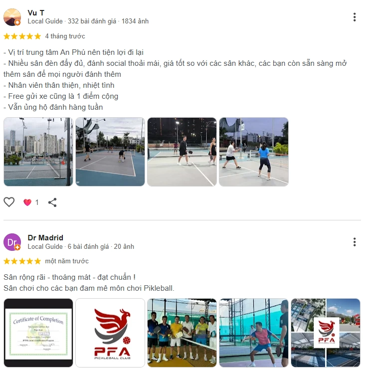 Đánh giá của người chơi tại sân Pickleball PFA