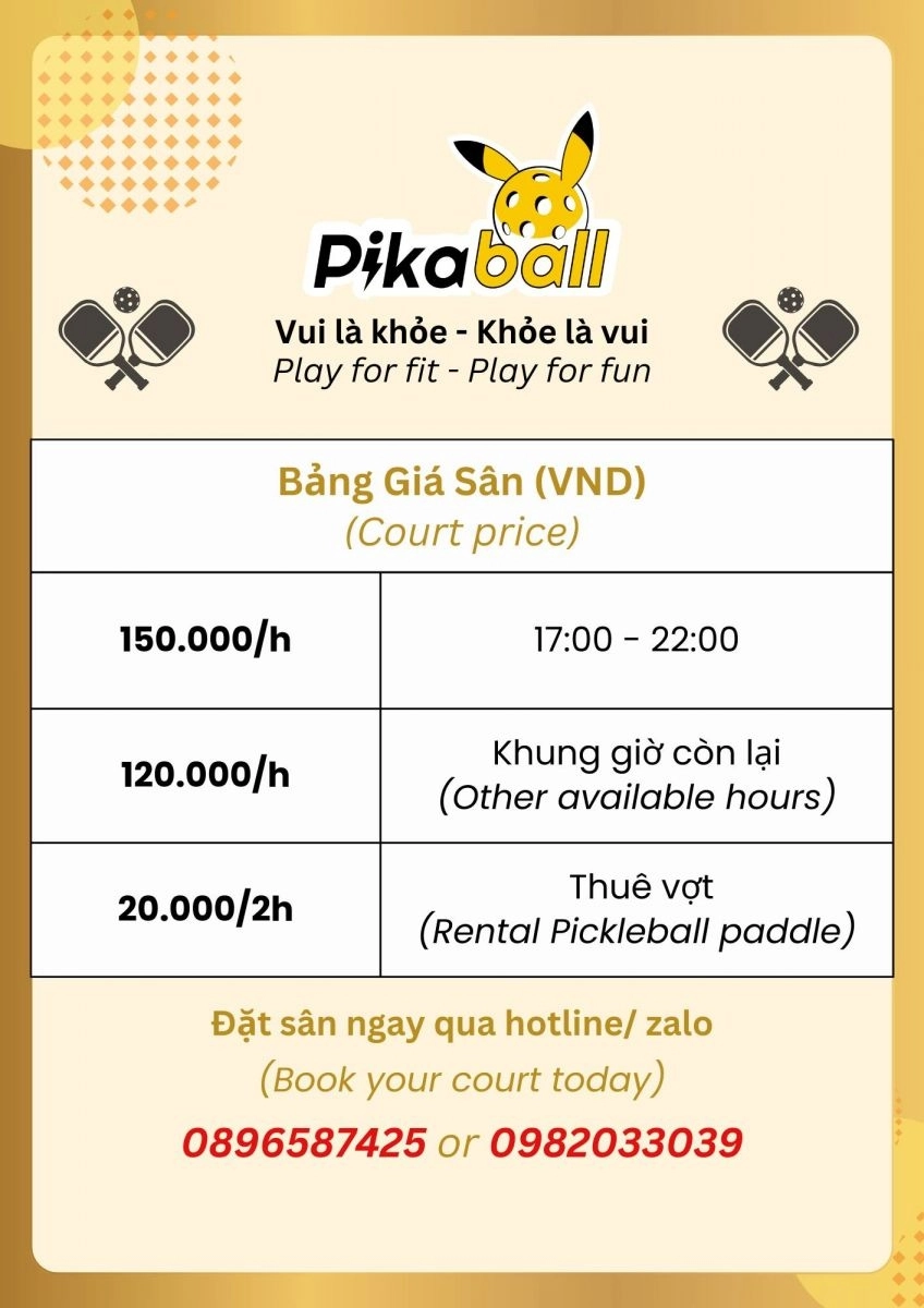 Giá thuê sân Pickleball Pikaball